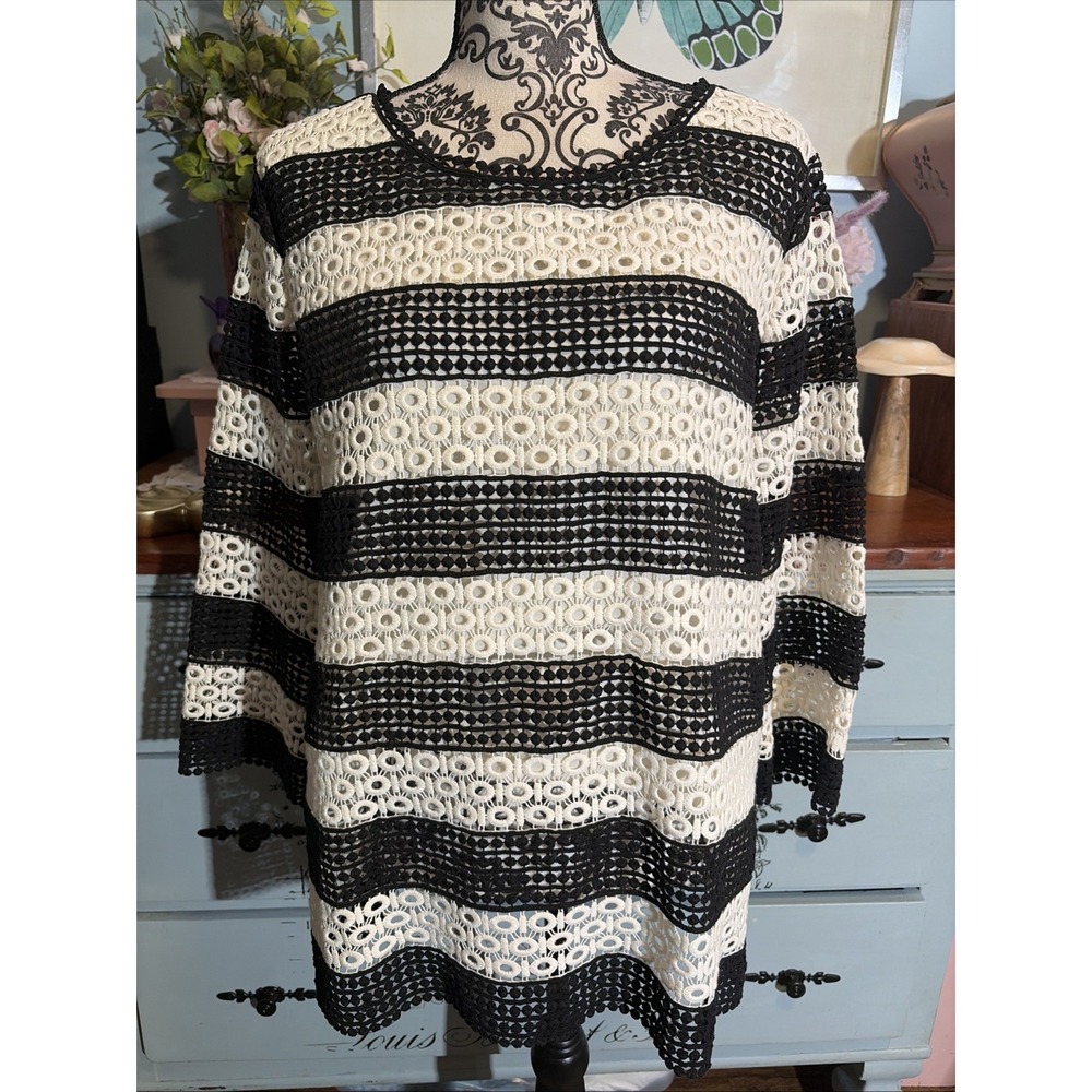 Talbots Open Knit Crochet Top Womens XL Black Ivory Stripe Lined Bodice. Fall